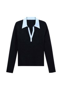 Black long-sleeve shirt with light blue open V-neck collar and placket, laid flat on a white background.