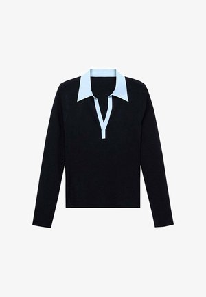 Black long-sleeve shirt with light blue open V-neck collar and placket, laid flat on a white background.