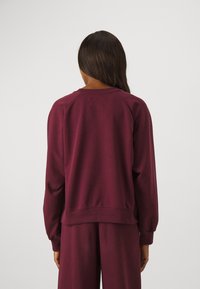 Sudadera burdeos con cuello redondo y mangas raglán. Textura suave y puños acanalados; cuenta con un dobladillo recto. Vista trasera mostrada.