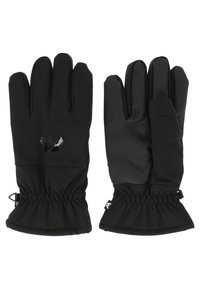 Black gloves featuring a smooth outer material, textured grip on the palm, and elasticized cuffs for a snug fit. Brand logo on the wrist.
