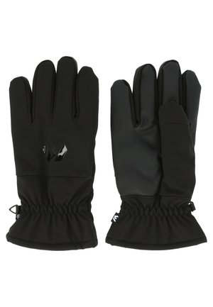 Svarta handskar med en slät yttre yta, texturerat grepp på handflatan och elastiska ärmslut för en tätt åtsittande passform. Varumärkeslogotyp på handleden.