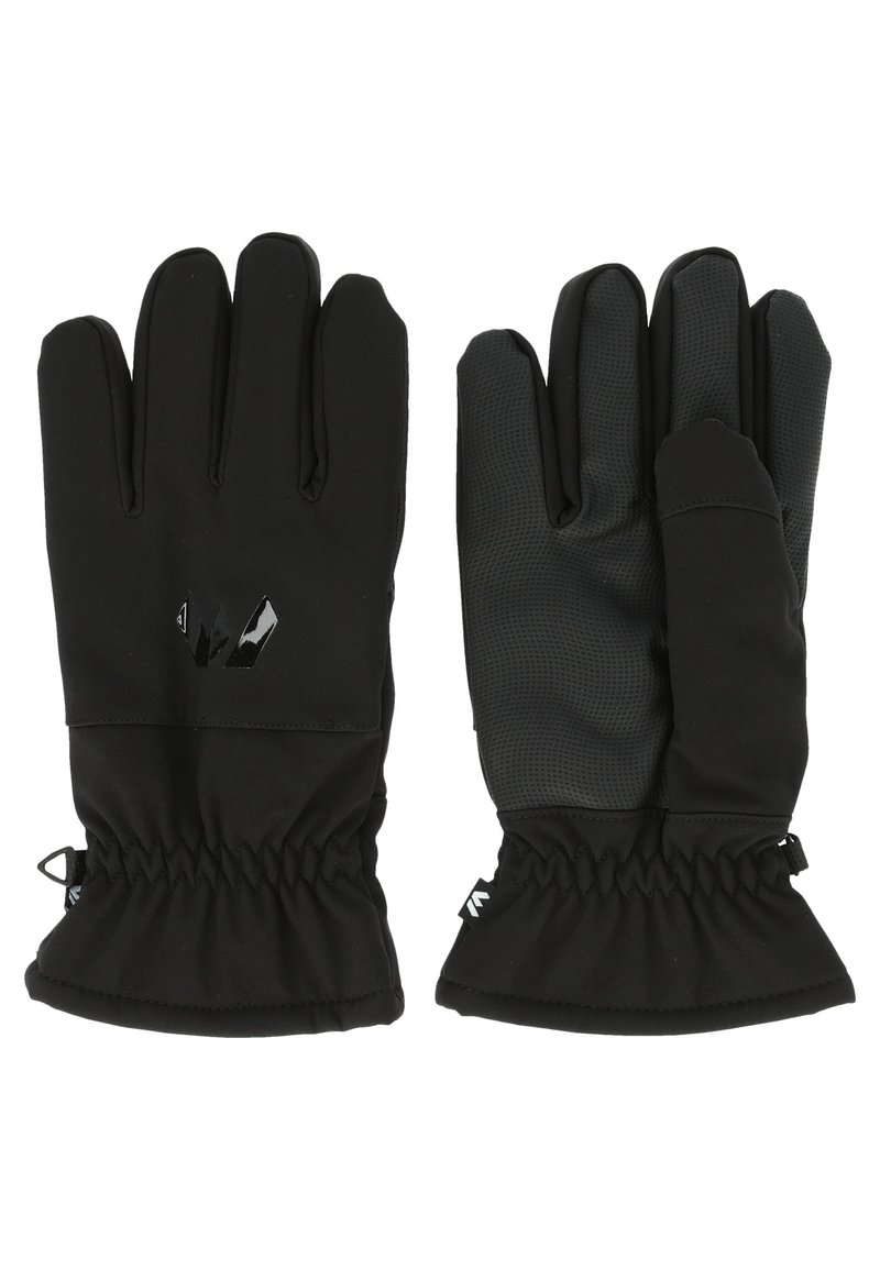 Black gloves featuring a smooth outer material, textured grip on the palm, and elasticized cuffs for a snug fit. Brand logo on the wrist.