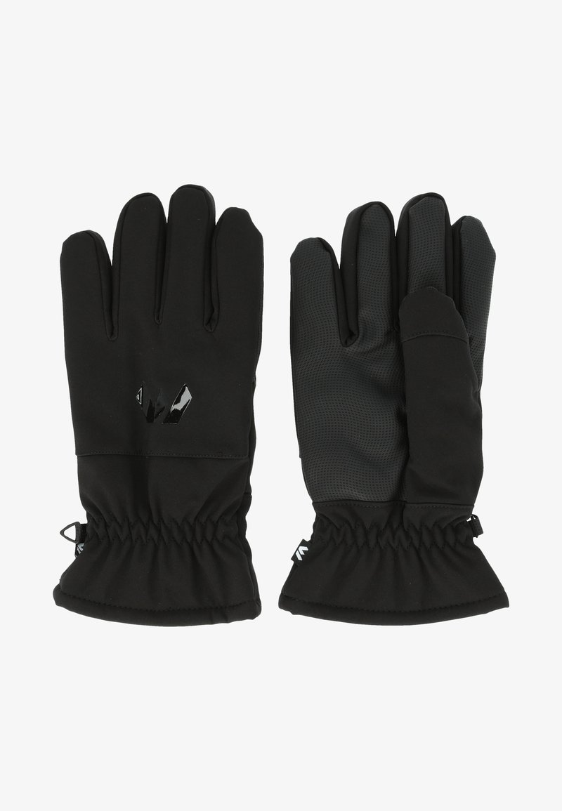 Svarta handskar med en slät yttre yta, texturerat grepp på handflatan och elastiska ärmslut för en tätt åtsittande passform. Varumärkeslogotyp på handleden.