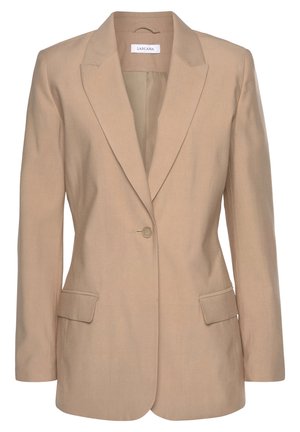 Beige blazer met één knoop, met ingesneden revers, lange mouwen, klepzakken en een getailleerde pasvorm.