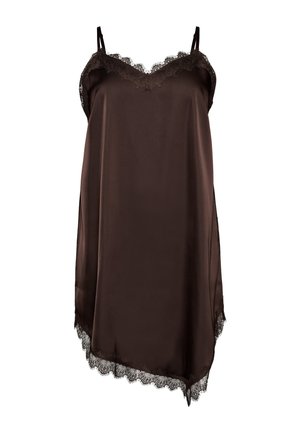 Tumepruun satiinist õhuke kleit pitsist kaeluse ja asümmeetrilise hembusega, reguleeritavate õlapaeltega.