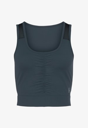 Dark grey sports crop top with a rounded neckline, ruched front, and mesh panels on the shoulders for breathability. Smooth fabric texture.