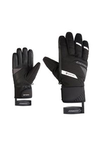 Gants noirs en softshell et cuir, dotés d'une prise texturée, d'accents réfléchissants et d'une sangle Velcro pour un ajustement.