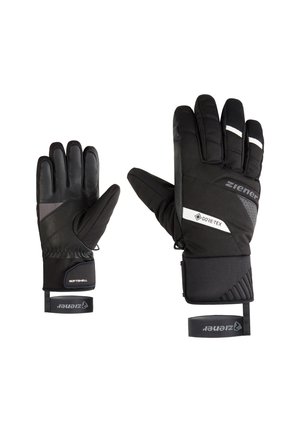 Black gloves made of softshell and leather, featuring a textured grip, reflective accents, and a Velcro strap for adjustment.