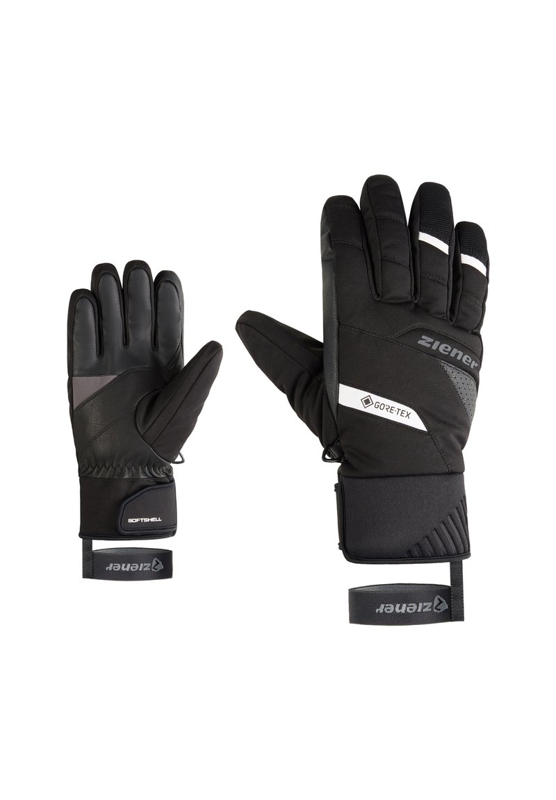 Gants noirs en softshell et cuir, dotés d'une prise texturée, d'accents réfléchissants et d'une sangle Velcro pour un ajustement.