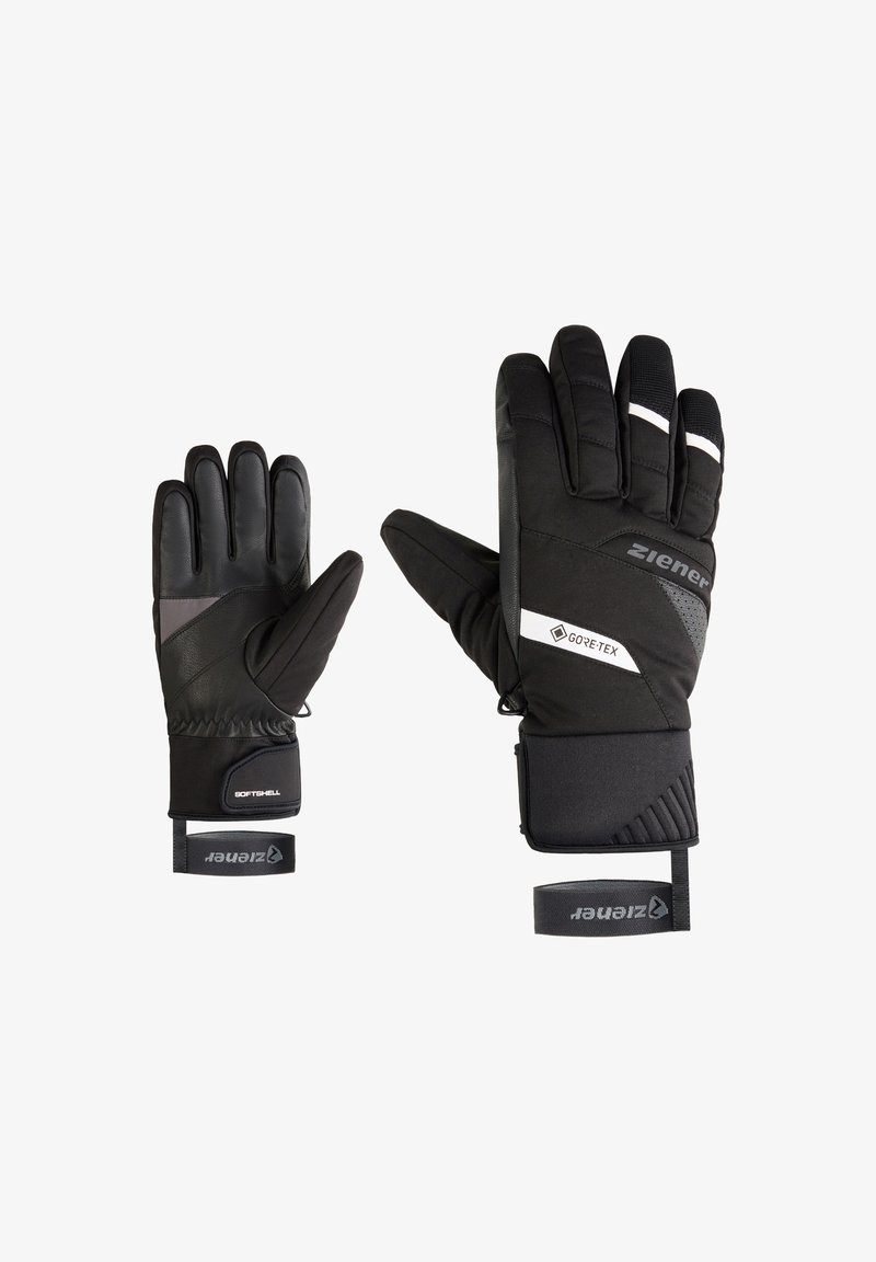 Gants noirs en softshell et cuir, dotés d'une prise texturée, d'accents réfléchissants et d'une sangle Velcro pour un ajustement.