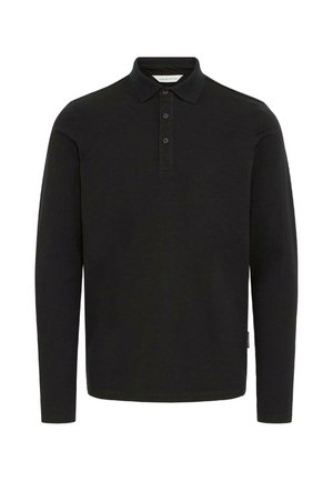 Svart långärmad polo-shirt i slätt tyg, med krage, femknapps knappslå och en liten sidodel.