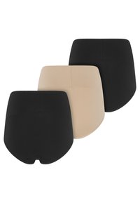 Zestaw bielizny typu high-waist w kolorze czarnym i beżowym. Zawiera gładki materiał, bezszwowy krój oraz klasyczny fason dla wygody i pełnego zakrycia.
