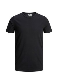 Schwarzes Baumwoll-T-Shirt mit Rundhalsausschnitt, kurzen Ärmeln und geradem Saum. Besitzt ein Logo-Label am inneren Kragen.