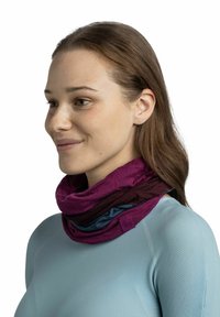 Multicolored tubular scarf featuring shades of purple and blue, made from soft fabric with a smooth texture. Includes a branded accent.