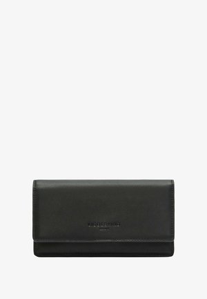 Schwarzes Lederportemonnaie mit glatter Textur, rechteckiger Form, Druckknopfverschluss und geprägtem Logo auf der Vorderseite mit minimalistischem Design.