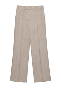 Lichtgrijze wijde broek van textuurstof, met twee zijzakken en voorplooien voor extra detail.