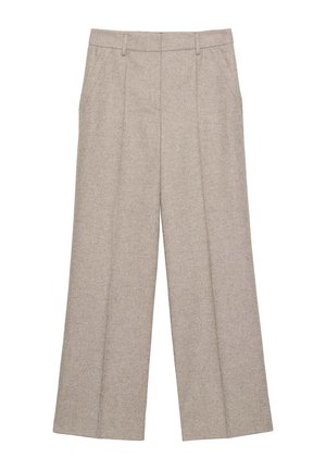 Hellegraue weit geschnittene Hose aus strukturiertem Stoff, mit zwei vorderen Taschen und vorderen Falten für zusätzlichen Detailreichtum.