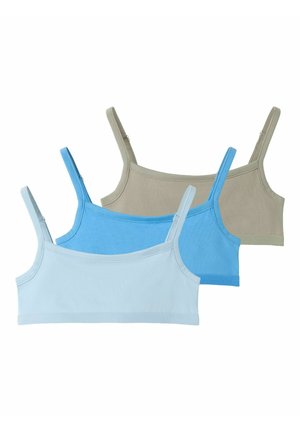 Tri pamučne kratke majice u bež, srednje plavoj i svijetloplavoj boji, prikazane preklopljene na bijeloj pozadini.