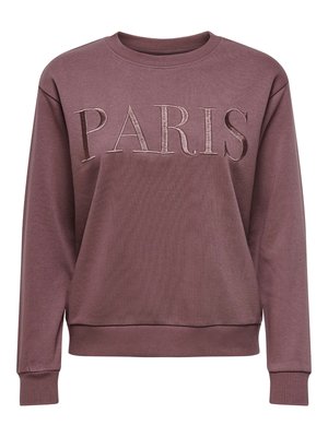 Mauve mikina s dlouhými rukávy, žebrovaným výstřihem a manžetami. Na přední straně se nachází nápis "PARIS" v vyvýšené, strukturované výšivce.