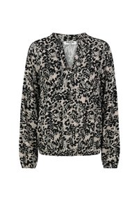 Schwarz-beige Tiermuster Bluse mit V-Ausschnitt, langen Ärmeln und elastischem Saum; weicher, strukturierter Stoff mit lockerer Passform.