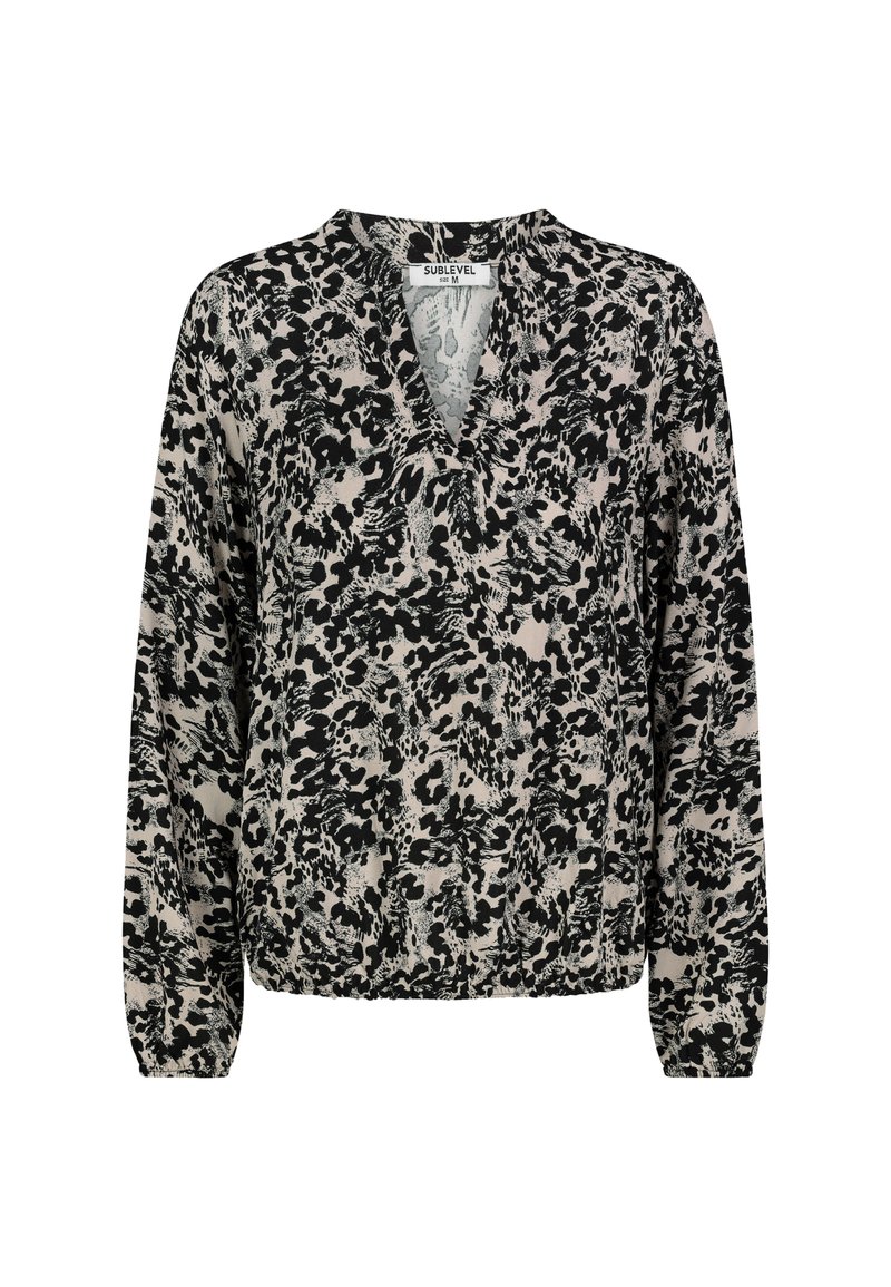 Schwarz-beige Tiermuster Bluse mit V-Ausschnitt, langen Ärmeln und elastischem Saum; weicher, strukturierter Stoff mit lockerer Passform.
