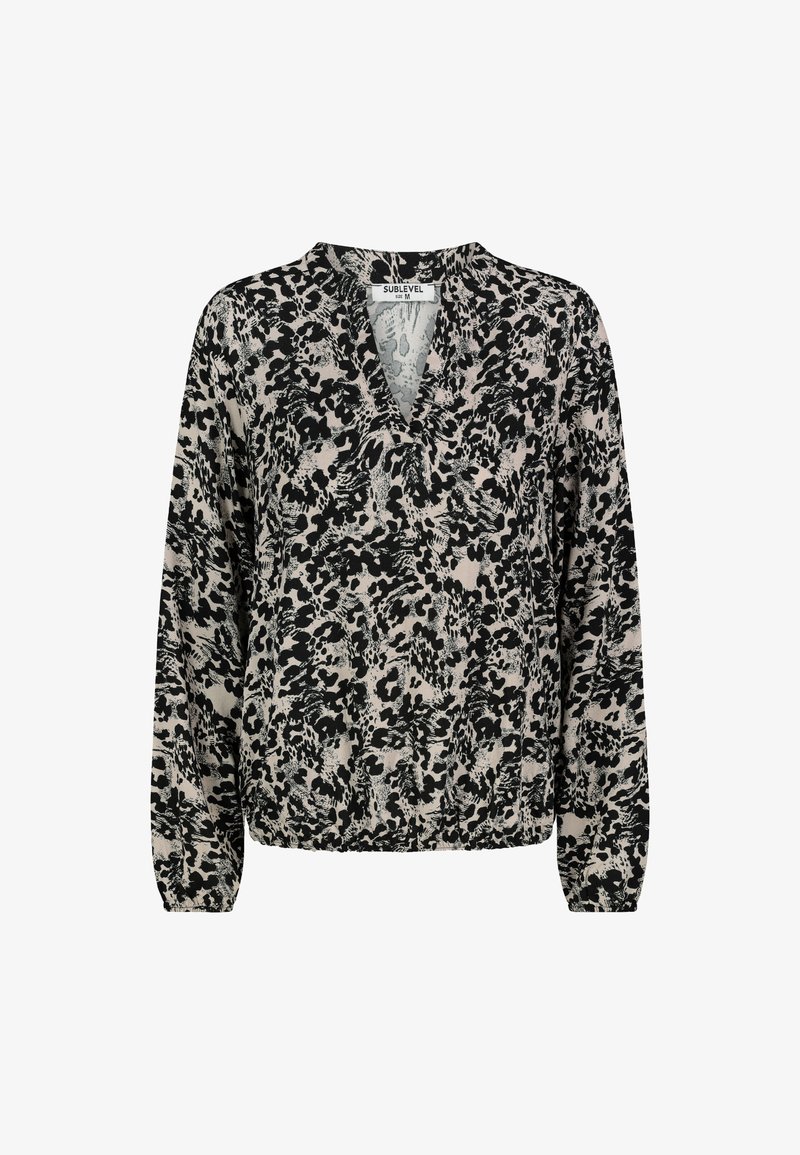 Schwarz-beige Tiermuster Bluse mit V-Ausschnitt, langen Ärmeln und elastischem Saum; weicher, strukturierter Stoff mit lockerer Passform.