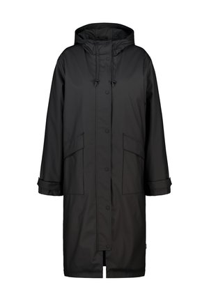 Manteau long noir imperméable avec capuche, doté de boutons-pression, de deux poches avant et de cordons de serrage ajustables au col et aux poignets.