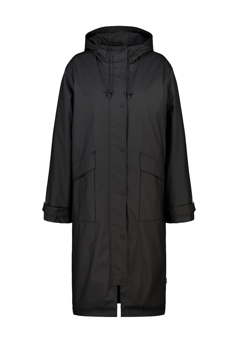 Black waterproof long coat with a hood, featuring snap buttons, two front pockets, and adjustable drawstrings at the collar and cuffs.