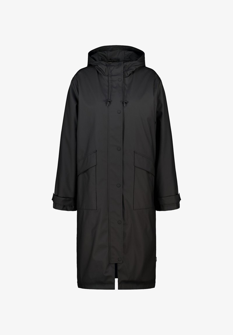 Cappotto lungo nero impermeabile con cappuccio, dotato di bottoni a pressione, due tasche frontali e corde regolabili al colletto e ai polsini.