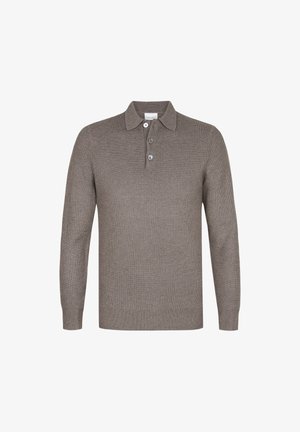 Gebreid polo-sweater met lange mouwen in lichtbruin, met een ribbelstructuur, een platte kraag en drie knopen bij de hals.
