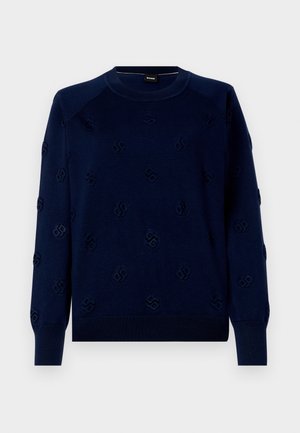 Navy blue sweater with a textured pattern of raised logos. Features a round neckline and ribbed cuffs and hem. Soft knit fabric.