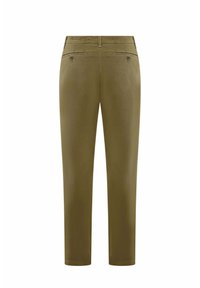 Pantaloni verde oliva con una texture liscia, dotati di vita aderente, due tasche posteriori con chiusura a bottone e gambe affusolate.