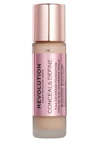Flüssige Foundation-Flasche mit einem pinkfarbenen metallischen Deckel. Sie hat eine beigefarbene Basis und schwarzen Text, der "CONCEAL & DEFINE" und "FULL COVERAGE FOUNDATION" beschriftet.