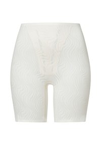 Białe body shaping szorty z falistym wzorem, wykonane z gładkiego, elastycznego materiału. Posiadają wysoki stan i długość do połowy uda.