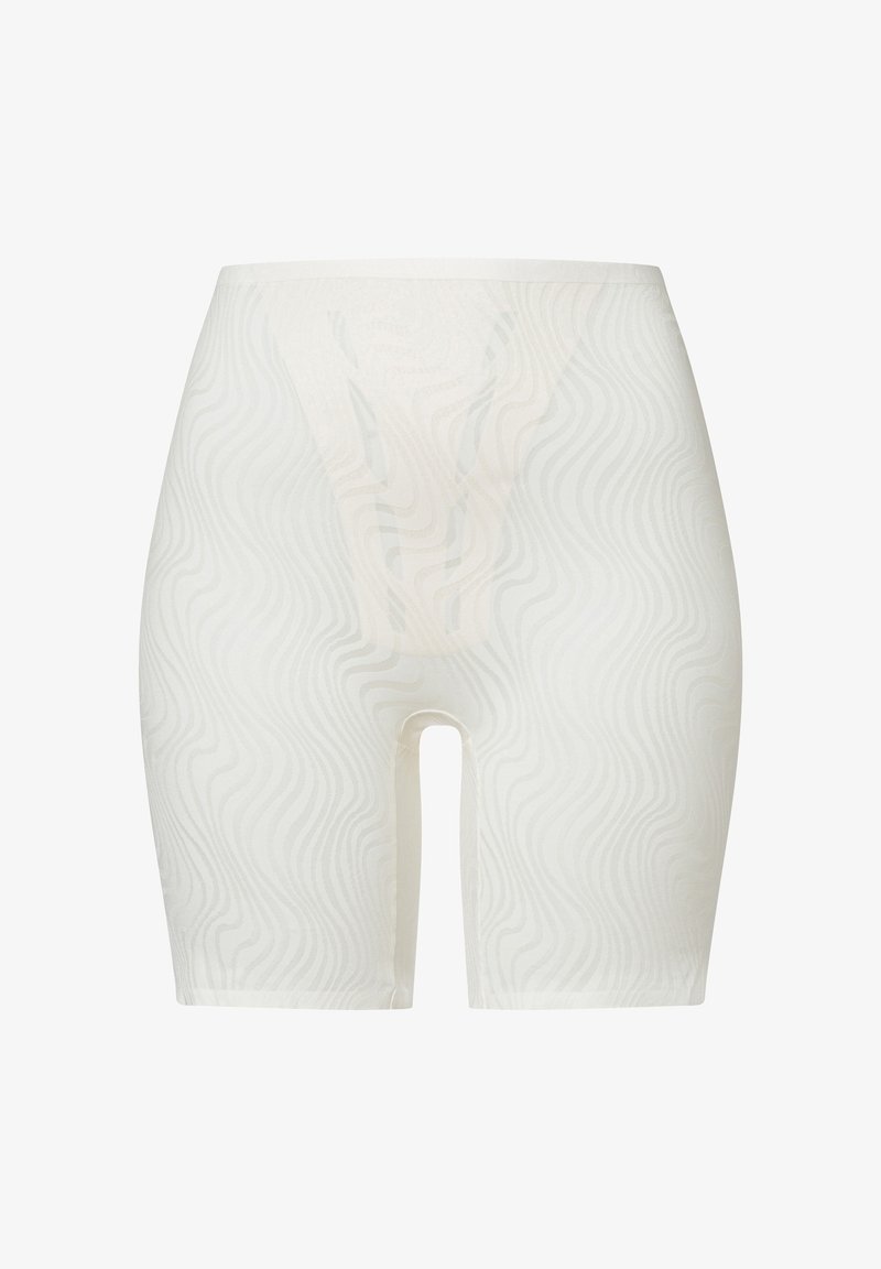 Weiße Shapewear-Shorts mit einem gewellten Muster, hergestellt aus einem glatten, dehnbaren Material. Sie verfügen über einen hohen Bund und ein Design in mittellanger Länge bis zum Oberschenkel.