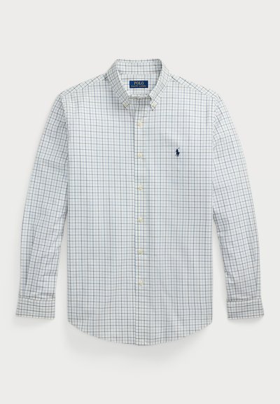 Camisa de cuadros blanca y azul, con botones, de manga larga, hecha de algodón, con cuello puntiagudo y logo bordado en el pecho.