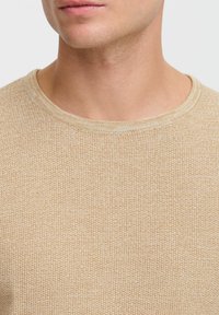 Beige Strickpullover mit rundem Ausschnitt, der eine feine Textur und gerippte Abschlüsse am Hals aufweist und ein lässiges Design präsentiert.