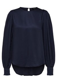 Mörkblå långärmad blus med rund halsringning, med plisserade axlar, en nyckelhålslåsning i ryggen och en böjd nederkant. Slät tygkvalitet.