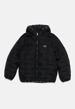 Veste noire matelassée à capuche avec fermeture éclair intégrale sur le devant, poignets et ourlet élastiques, marquée "Lacoste," et petit logo crocodile vert sur la poitrine.