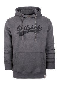 Felpa grigia in misto cotone, con tasca frontale, logo in script nero, lacci con punte decorate e polsini a costine.