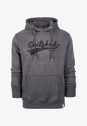 Felpa grigia in misto cotone, con tasca frontale, logo in script nero, lacci con punte decorate e polsini a costine.