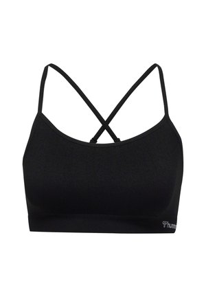 Czarny biustonosz sportowy z cienkimi skrzyżowanymi ramiączkami i bezszwowym wzorem, małe logo na dolnej prawej stronie.