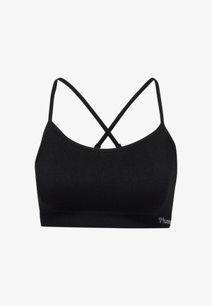 Zwarte sportbeha met dunne gekruiste schouderbandjes en naadloos ontwerp, klein logo aan de onderkant rechts.