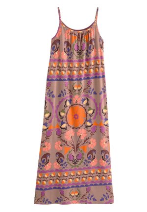 Robe longue sans manches avec fines bretelles, présentant un motif floral et géométrique multicolore dans des tons orange, violet, rose et marron.