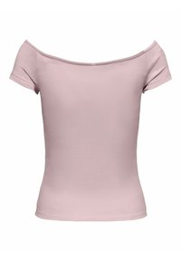 Lys pink off-shoulder t-shirt med korte ærmer, tætsiddende design og glat tekstur. Enkel, ensfarvet uden yderligere mønstre eller hardware.
