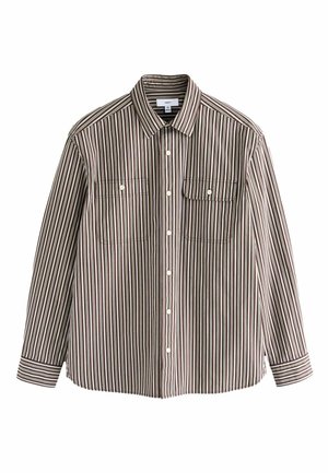 Gestreiftes Langarmhemd in Braun und Beige, mit einem Button-Down-Kragen, zwei vorderen Taschen und einem geraden Saum. Baumwollstoff.