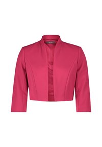 Fuchsia kort jasje met een schouderkraag, driekwartmouwen en een gladde textuur. Beschikt over een strakke, open voorkant.