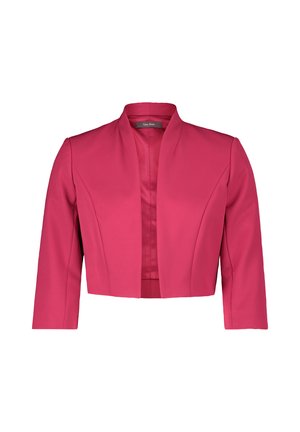 Blazer court fuchsia avec un col châle, des manches trois-quarts et une texture lisse. Présente un design propre et ouvert à l'avant.