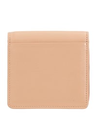 Peach-colored leather cardholder with a smooth texture, top edge stitching, and a single horizontal slot for cards on the front.