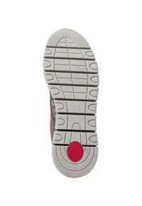 Semelle de chaussures avec une semelle en caoutchouc gris clair à motifs et un accent circulaire rouge. La chaussure est de taille 37, conçue pour l'adhérence et la durabilité.